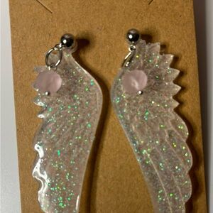 Handmade white resin glitter angel wing earrings